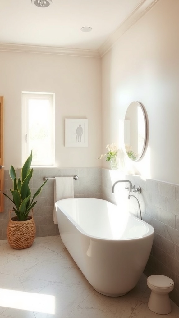 A serene bathroom featuring soft beige walls, a freestanding bathtub, and a large indoor plant.