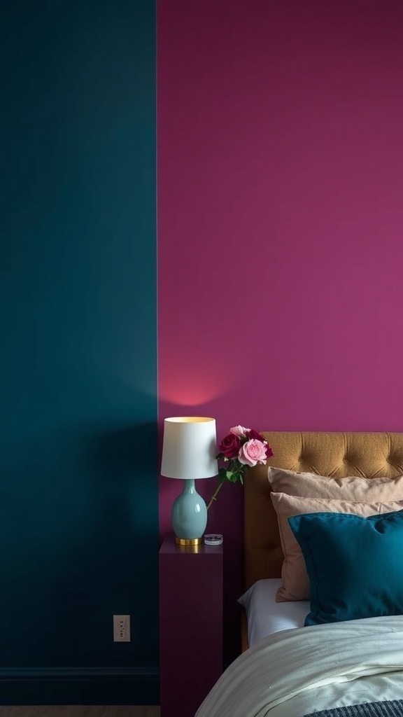 Two-tone painted bedroom wall with deep teal and magenta colors