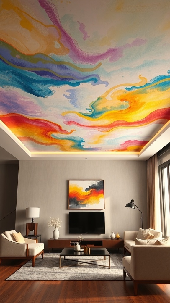 A vibrant, artistic painted ceiling with swirls of colors in a modern living room setting.