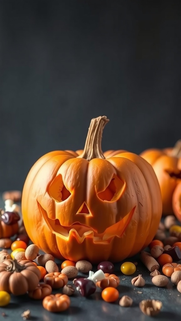 A carved pumpkin with a spooky face surrounded by colorful candies.