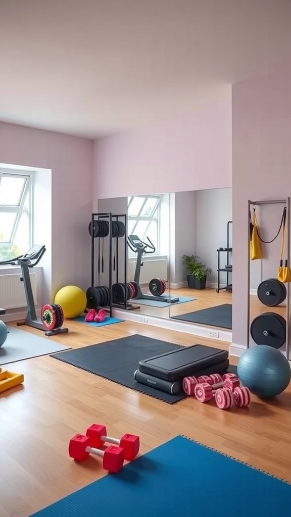 A well-organized home gym with various workout equipment including weights, a yoga ball, and exercise mats.
