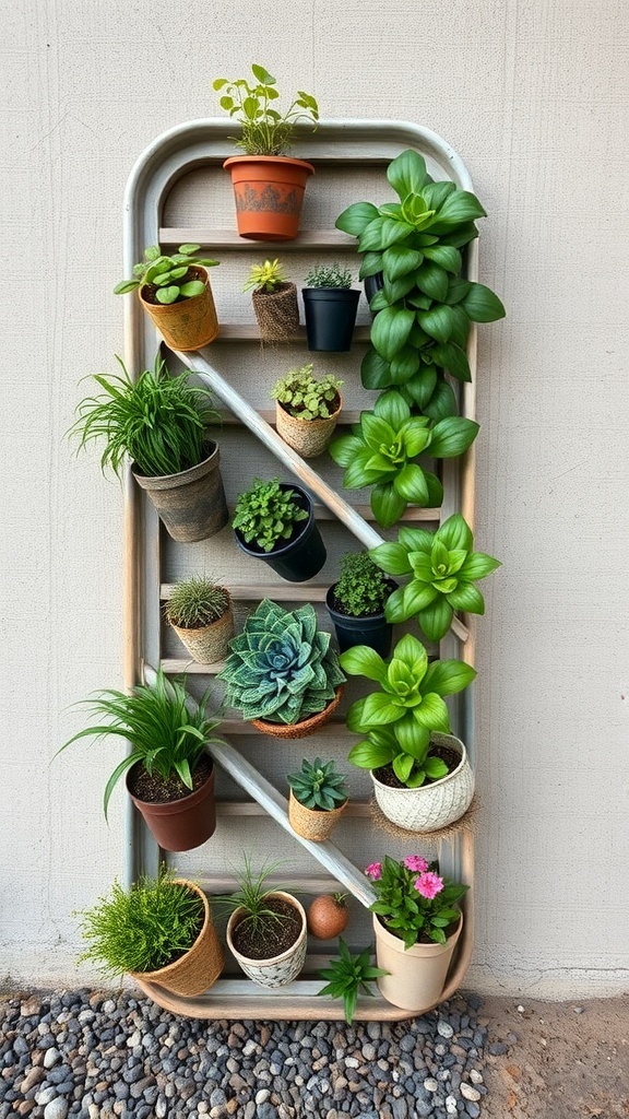 A vertical garden made from a repurposed ladder, featuring various potted plants arranged on its shelves.