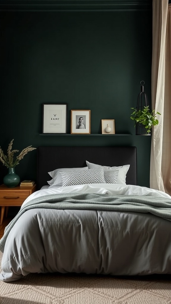A cozy small bedroom with moody green walls, a gray bedspread, and natural wood accents.