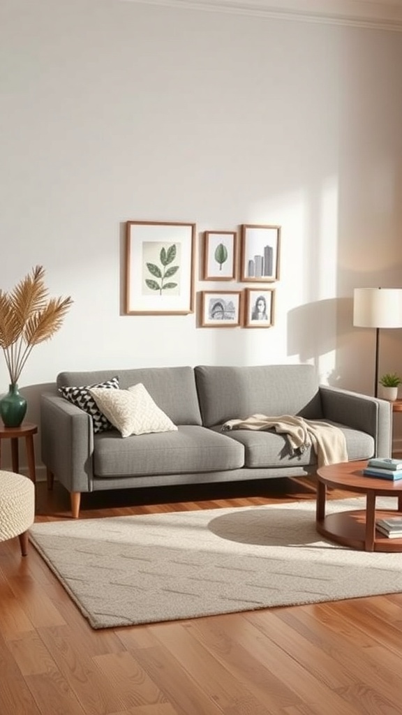 A stylish gray click-clack sofa bed in a modern living room setting.