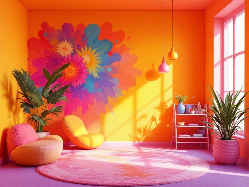 A vibrant room with orange walls, a bubblegum pink ceiling, colorful mural, and playful furniture.