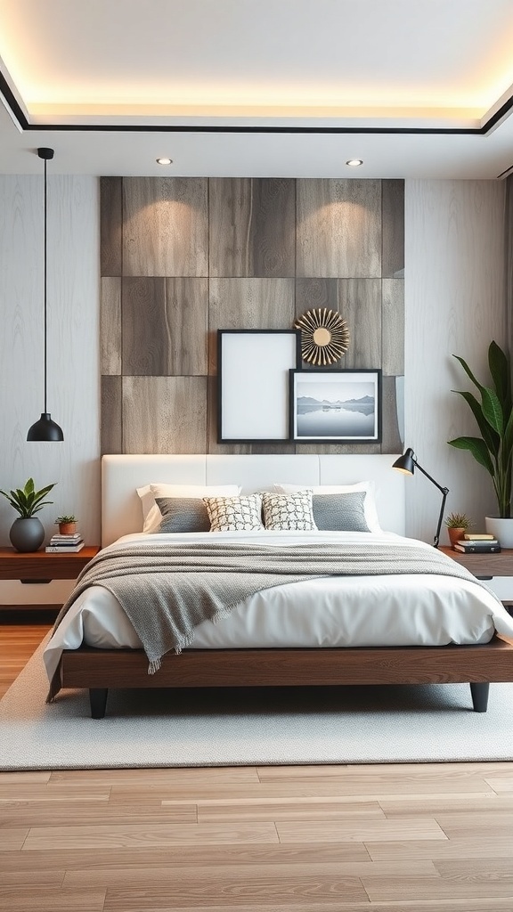 Modern bedroom featuring a 3D headboard wall with wooden panels, stylish lighting, and elegant decor.