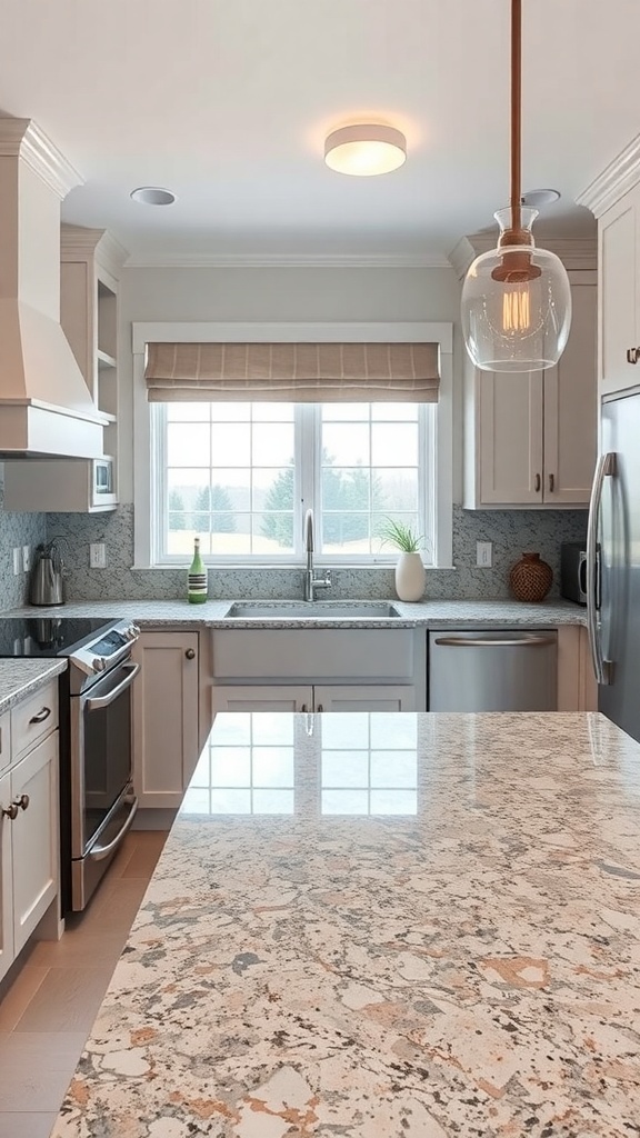 A modern kitchen featuring Blue Dunes Granite countertops with white cabinetry and warm wooden accents.
