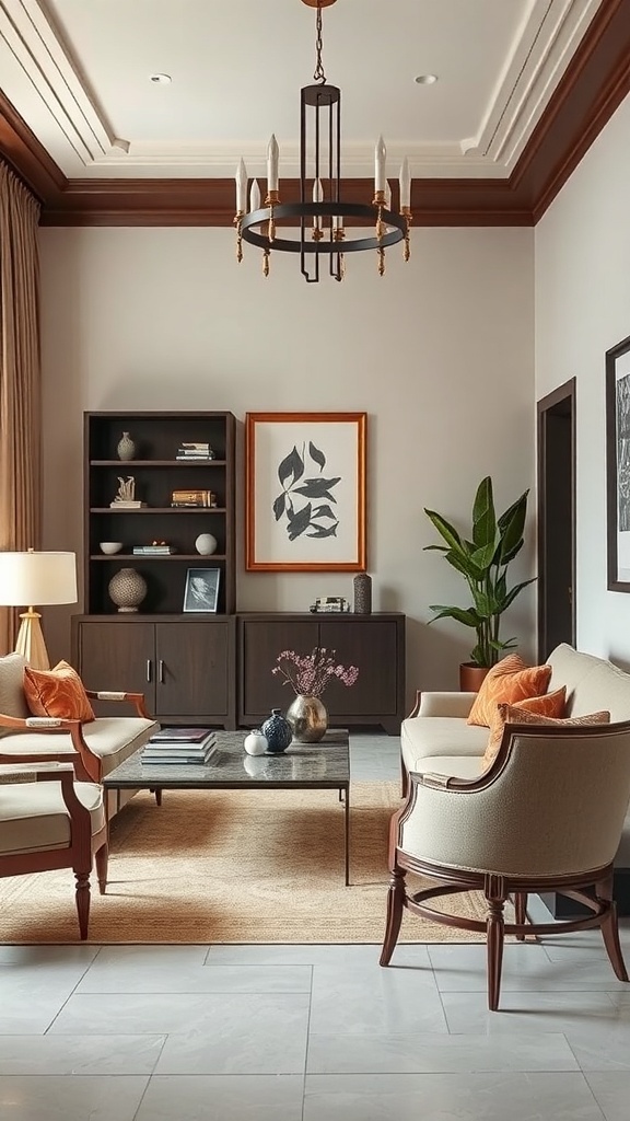 A beautifully designed transitional living room featuring elegant furniture, warm wood tones, and a cozy atmosphere.