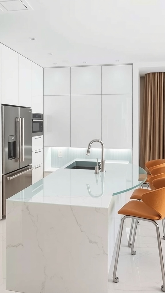 A modern kitchen featuring a transparent crystal recycled glass countertop, sleek white cabinetry, and warm-toned seating.