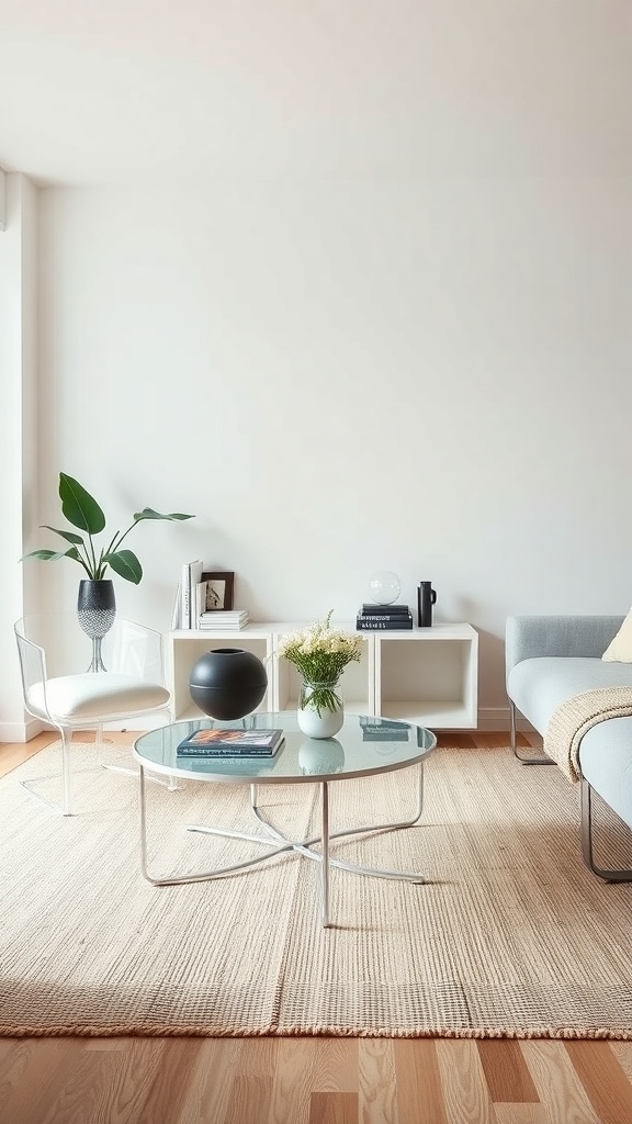 A modern small living room featuring a glass coffee table, Lucite chair, and minimal decor.