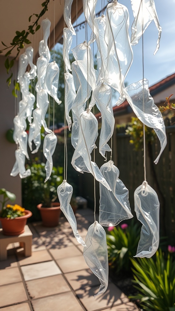 A collection of transparent plastic ghosts hanging in sunlight, creating a shimmering effect.