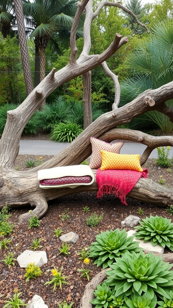 A rustic tree-branch bench with cushions surrounded by green plants in a garden setting.
