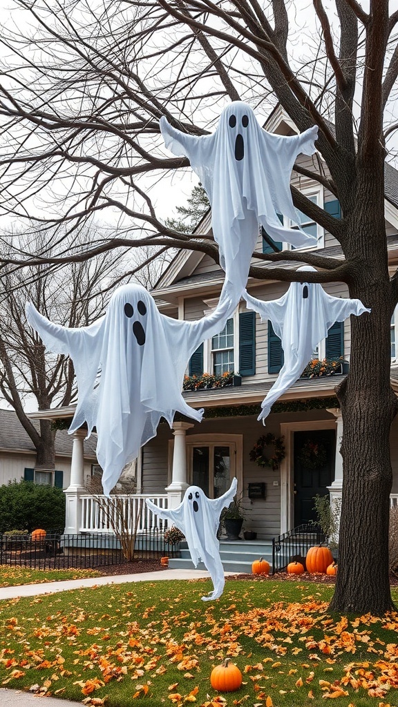 Hanging ghost decorations from tree branches in front of a house with pumpkins and autumn leaves