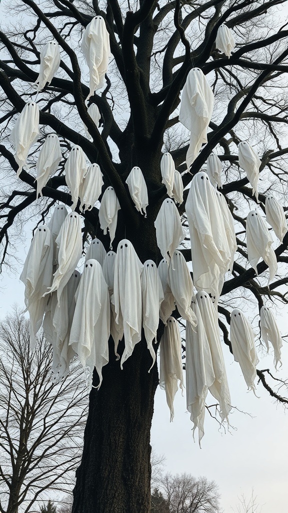 A tree filled with hanging ghost decorations, creating a spooky Halloween atmosphere.