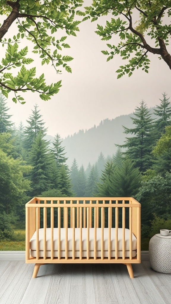 Tree-themed wall mural in a nursery with a wooden crib