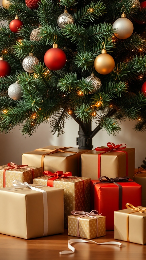 Christmas tree with a stylish collar and beautifully wrapped presents underneath.