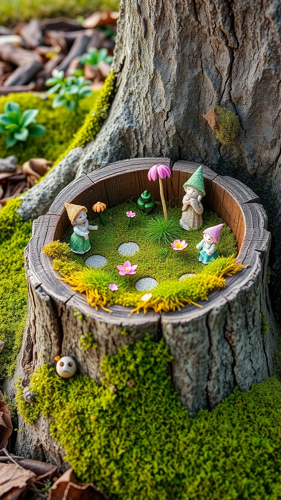 A whimsical fairy garden created in a tree stump, featuring tiny fairy figures, moss, flowers, and stones.