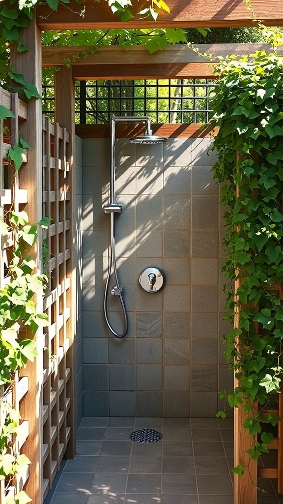 Outdoor shower with slatted wooden privacy panels and greenery