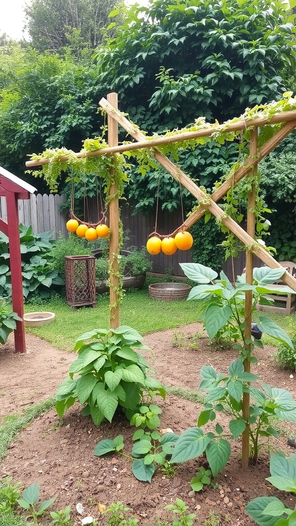 A wooden trellis system in a small yard supporting climbing plants with bright orange fruits.