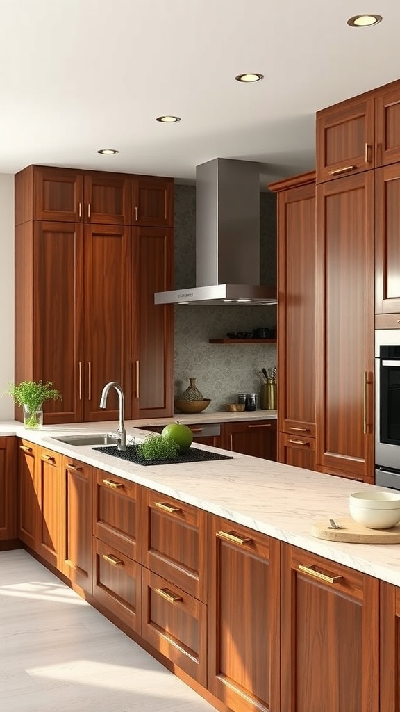 Modern kitchen featuring cherry cabinets with gold hardware and marble countertops.