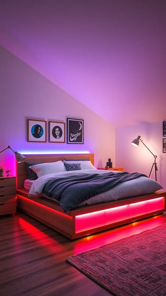A modern platform bed with LED lighting in a stylish teen bedroom.