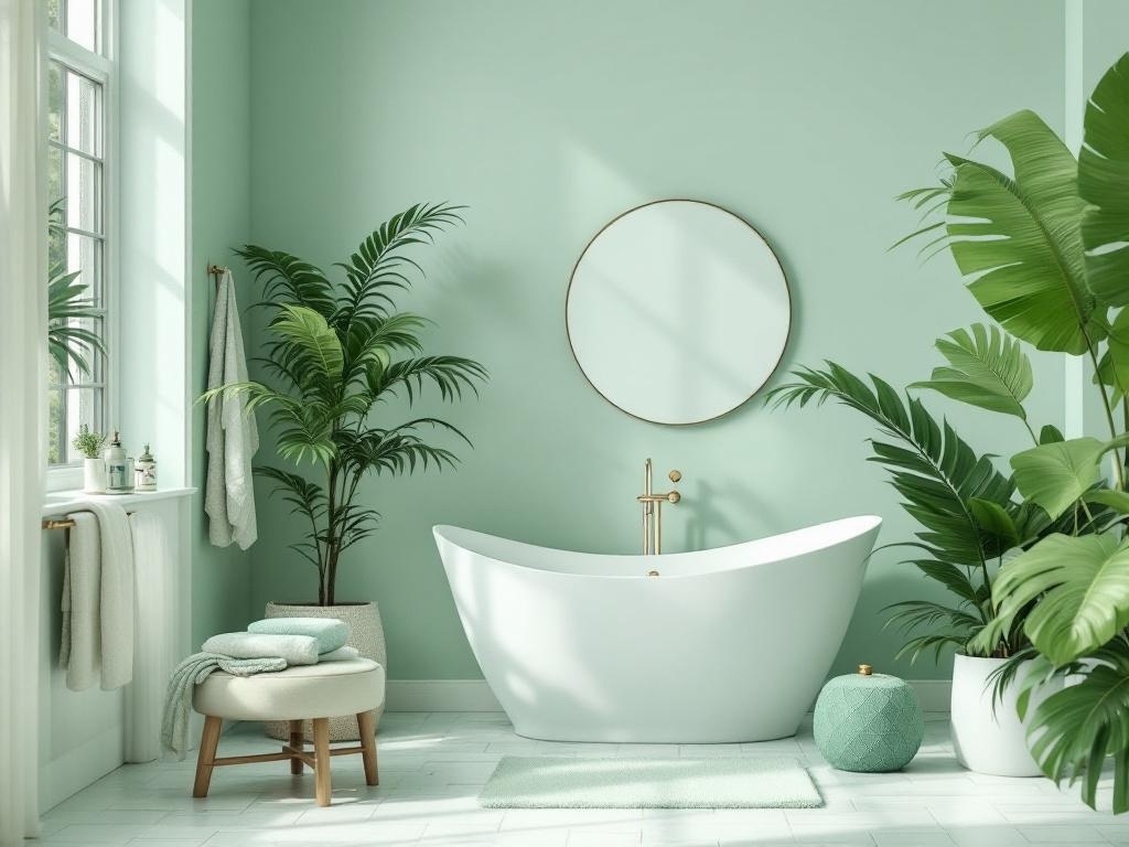 Modern tropical bathroom with mint green walls, white tub, and lush plants