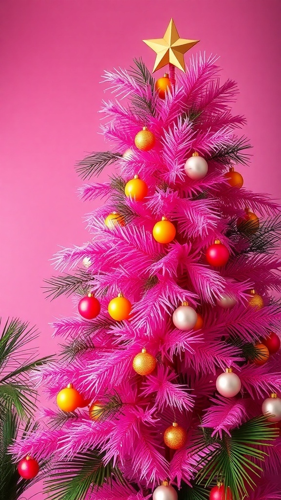A vibrant pink Christmas tree decorated with colorful ornaments and a golden star on top, surrounded by green leaves.