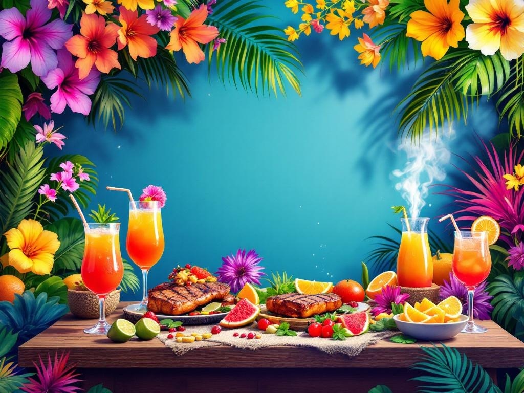A vibrant tropical summer luau scene with colorful flowers, cocktails, and grilled dishes.