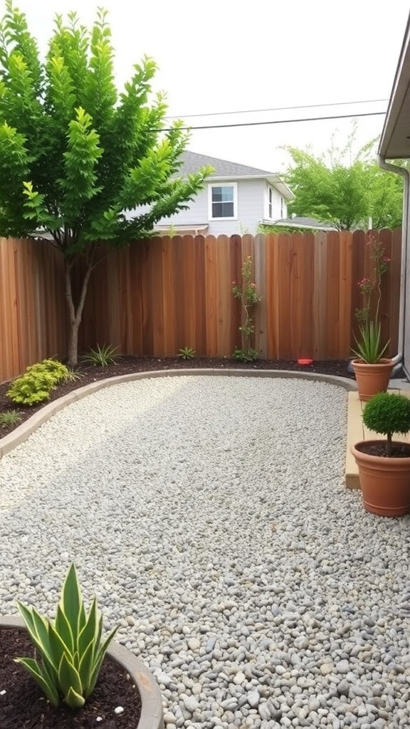 A small backyard with a gravel patio surrounded by plants and a wooden fence.