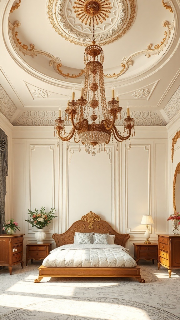 Elegant chandelier in a beautifully decorated bedroom