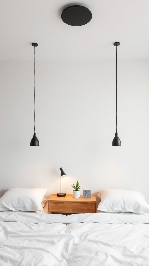 A cozy bedroom with two black pendant lights hanging over each nightstand, showcasing a modern design.