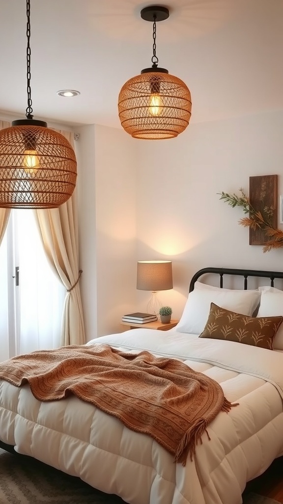 A cozy bedroom featuring two rattan pendant lights above the bed, creating a warm and inviting atmosphere.