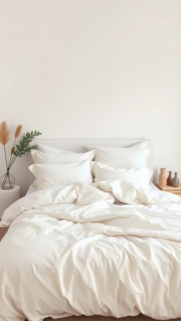 A minimalist bedroom featuring monochrome white bedding, soft pillows, and a small plant beside the bed.