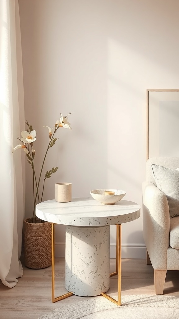 Pastel terrazzo side table with gold legs in a softly lit room