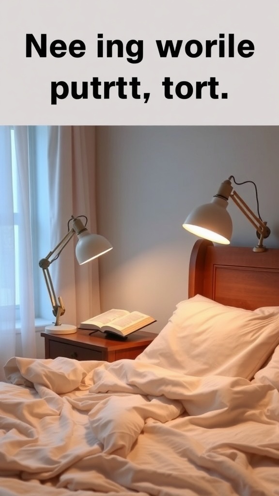 A cozy bedroom with two swing-arm lamps on either side of the bed, illuminating an open book on a nightstand.