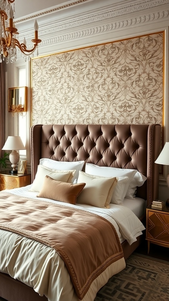 A luxurious bedroom featuring a tufted velvet headboard in brown, complemented by neutral bedding and elegant decor.