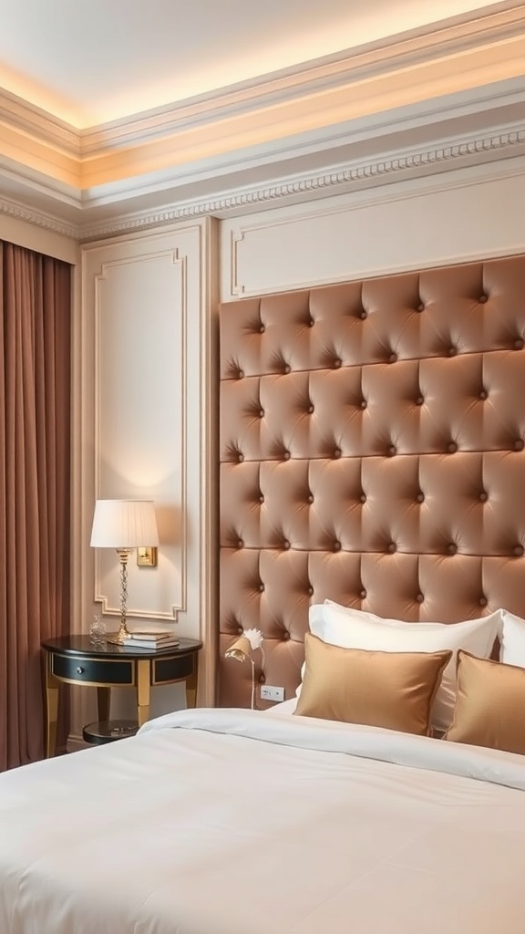 A luxurious bedroom featuring tufted velvet wall panels in a warm tone, complemented by elegant decor and soft lighting.