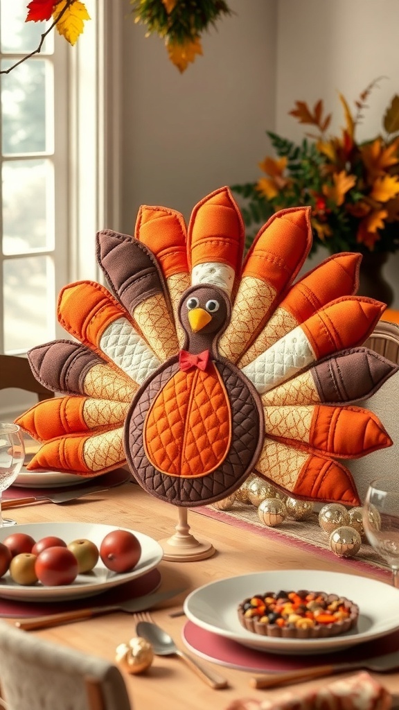 A colorful turkey quilt centerpiece on a Thanksgiving table, surrounded by plates of apples and a dessert.