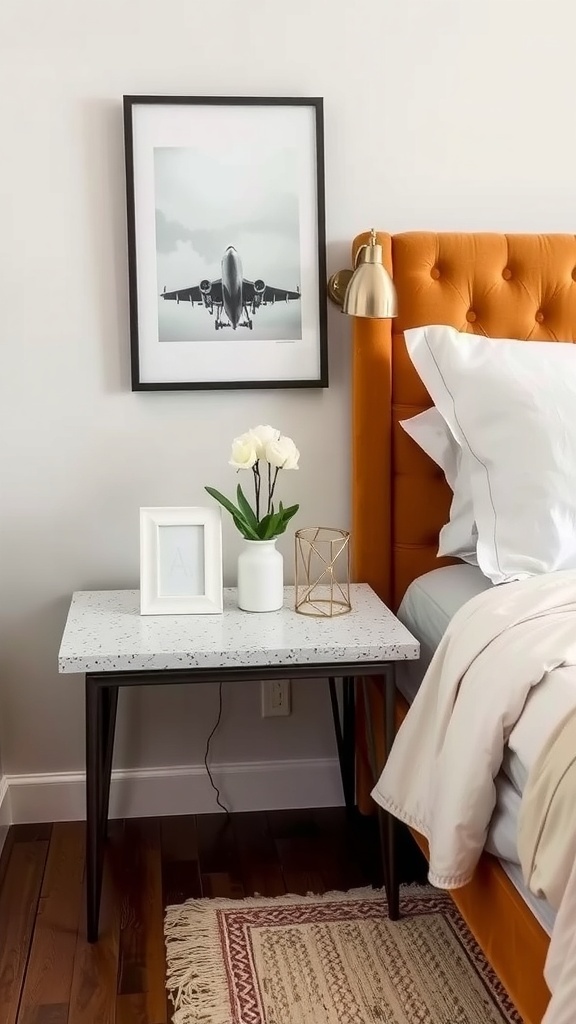 A stylish terrazzo side table next to an orange headboard in a modern bedroom setting.