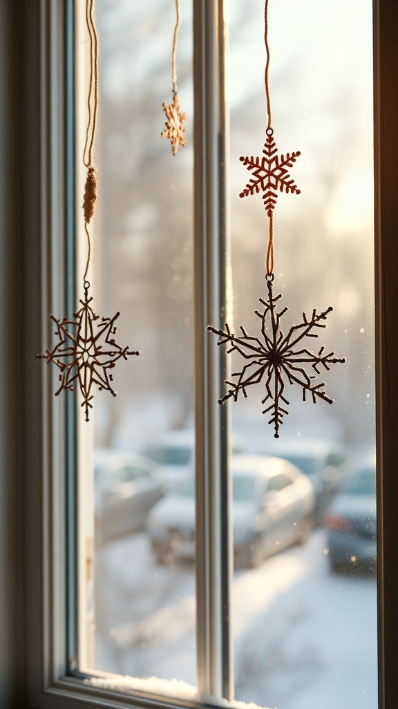Twig stars and snowflakes hanging in a window, showcasing rustic charm.