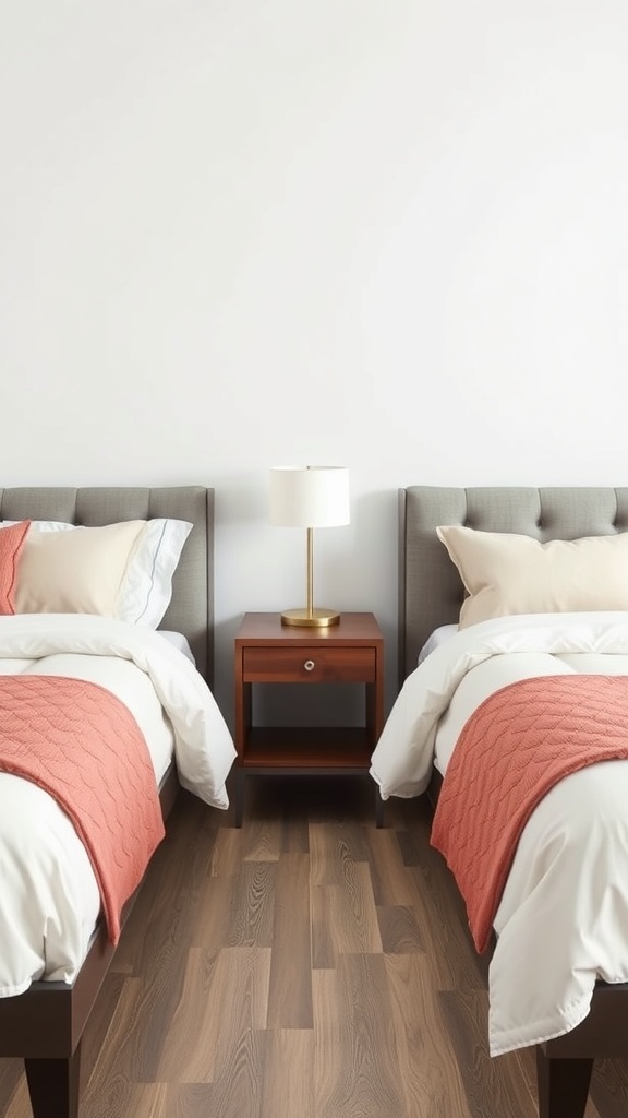 A shared bedroom featuring two twin beds with a shared nightstand in between, adorned with coral throws and a lamp.