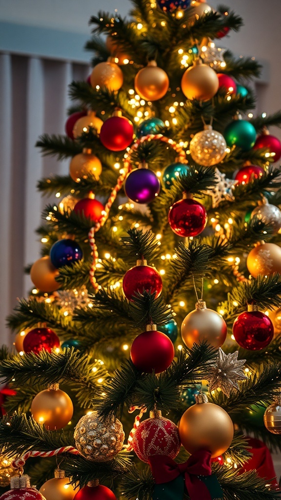 A beautifully decorated Christmas tree with twinkle lights and colorful ornaments.