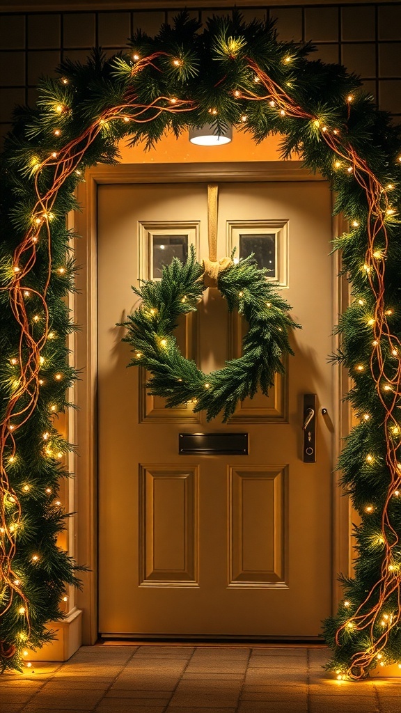 A front door decorated with twinkle lights and greenery, creating a warm and inviting atmosphere.