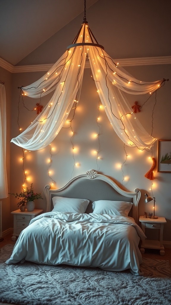 A cozy bedroom with a twinkling fairy light canopy made of draped fabric and warm lights.