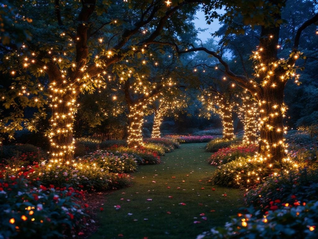 A garden path illuminated by twinkling fairy lights wrapped around trees, surrounded by colorful flowers.
