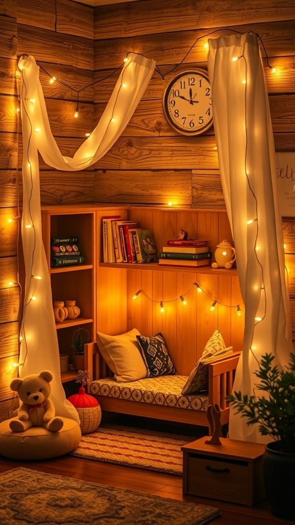 Cozy kids' corner with fairy lights and a reading nook