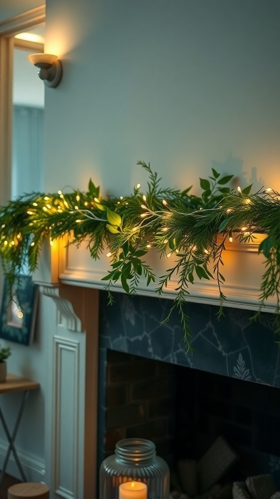 A fireplace mantel decorated with greenery and twinkling fairy lights.
