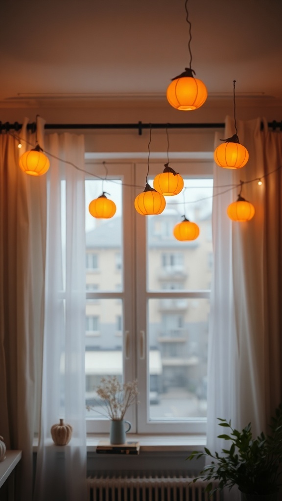 A cozy room with twinkling pumpkin string lights hanging by the window, creating a warm Halloween atmosphere.