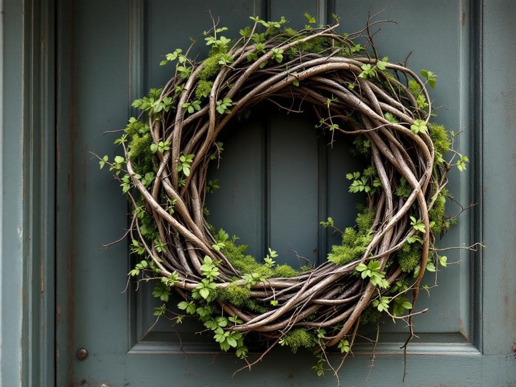 A twisted vine and moss wreath hanging on a door, showcasing natural materials and greenery.