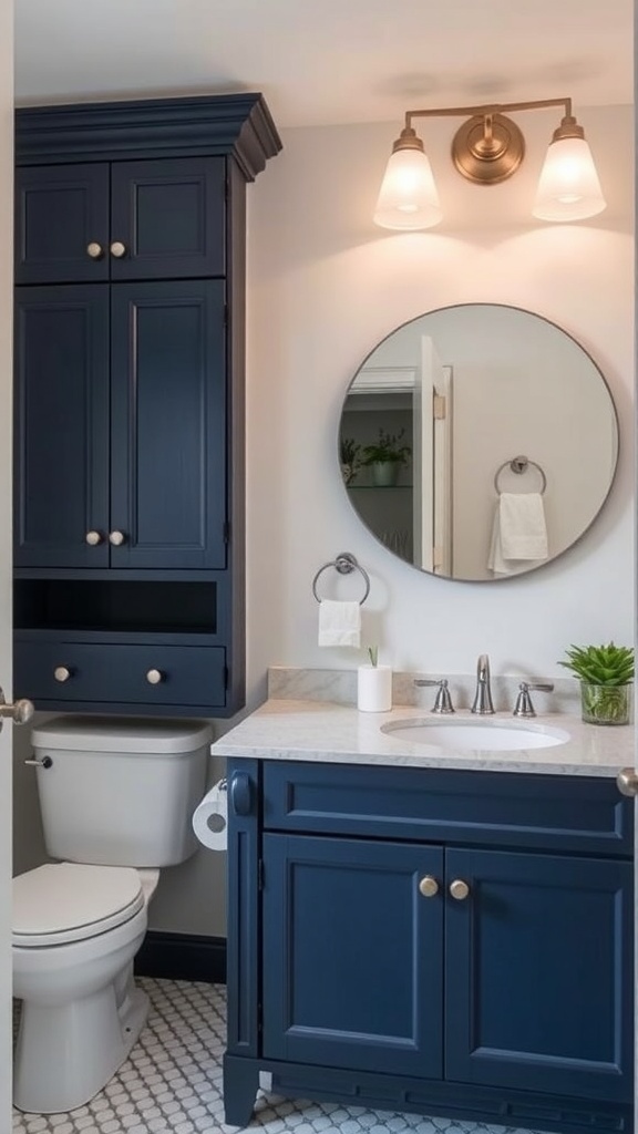 A modern bathroom featuring two-tone cabinets in navy blue and white, with a round mirror and warm lighting.